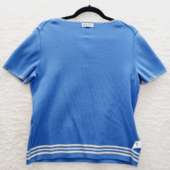 Sweater Blouse Size M Blue Stripe Tie Sailorcore Resort Coastal Grandma Preppy - Picture 11 of 13